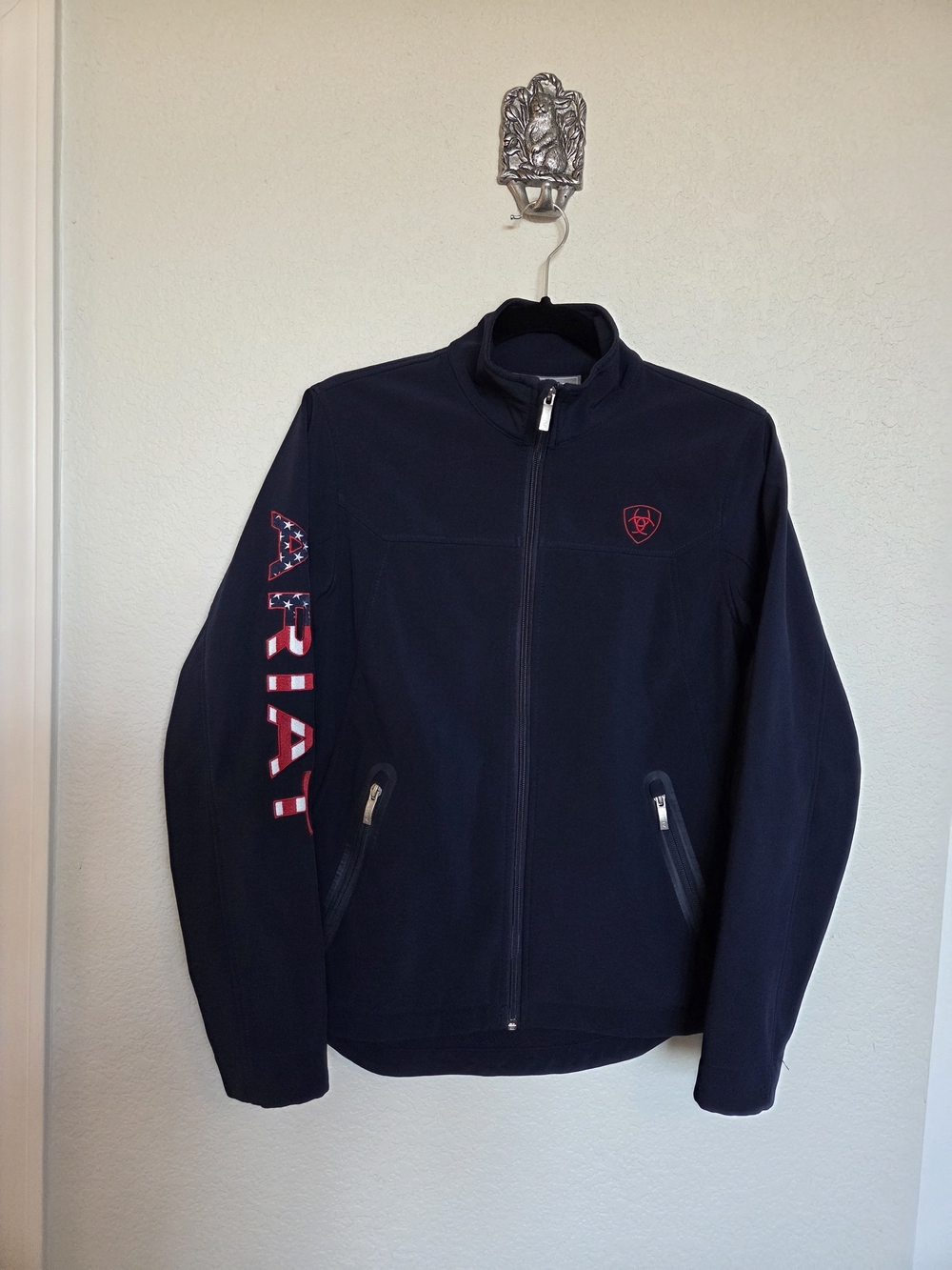 Ariat Navy Softshell Jacket with Red & White Sleeve Logo